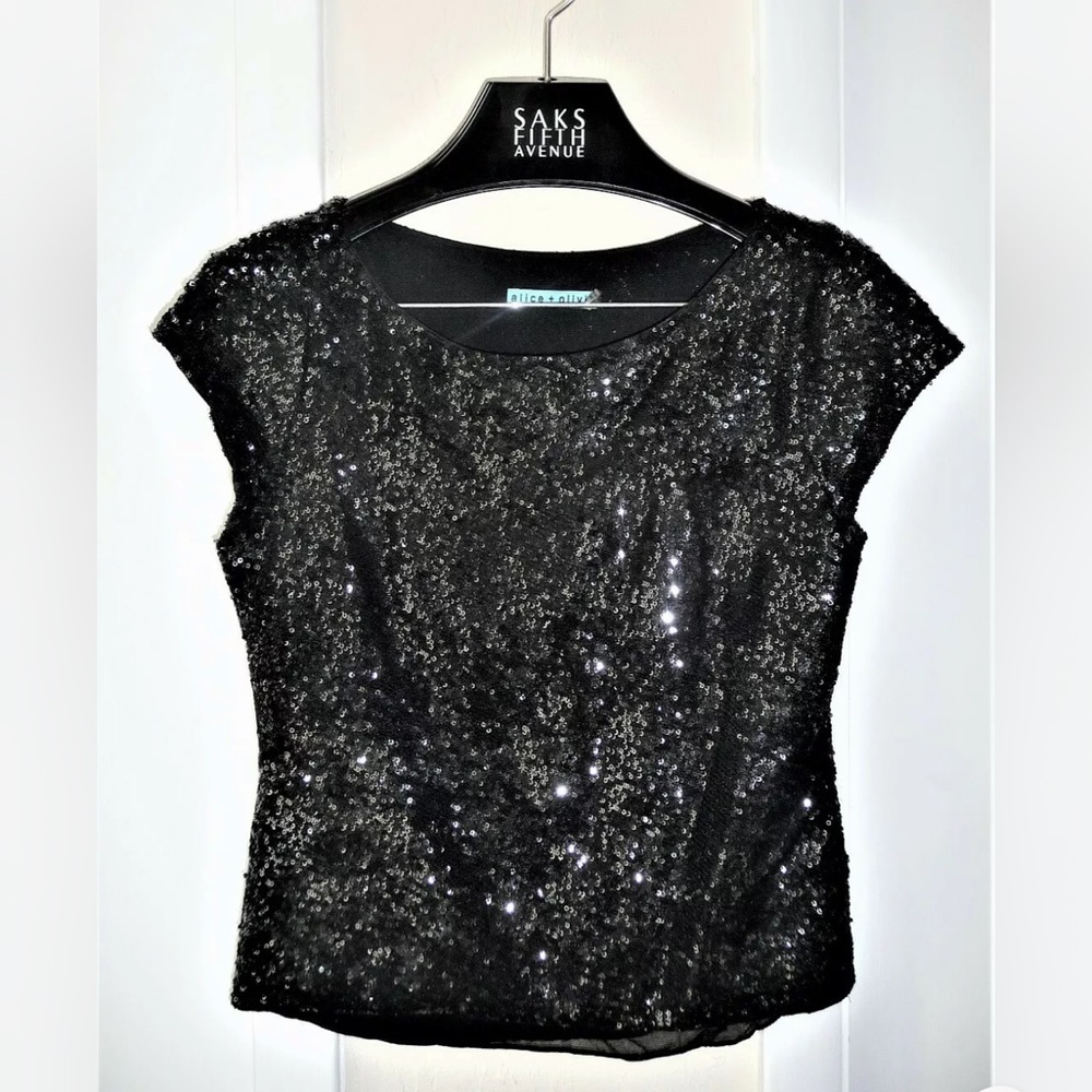 Alice + Olivia Sequin Cap Sleeve Boatneck Silk Top Size M